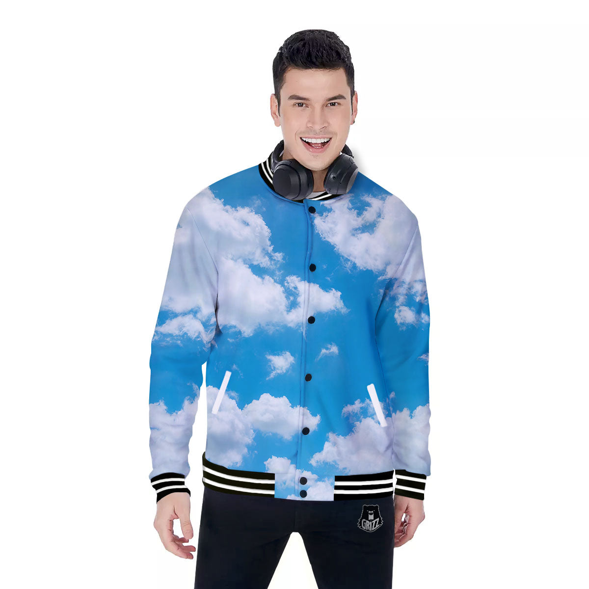 Cloud Sky Print Baseball Jacket-grizzshop