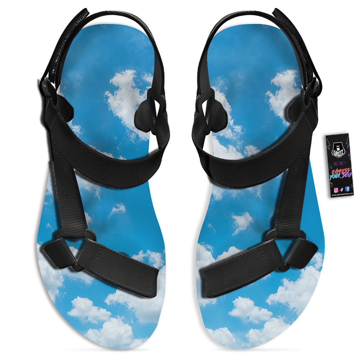 Cloud Sky Print Black Open Toe Sandals-grizzshop