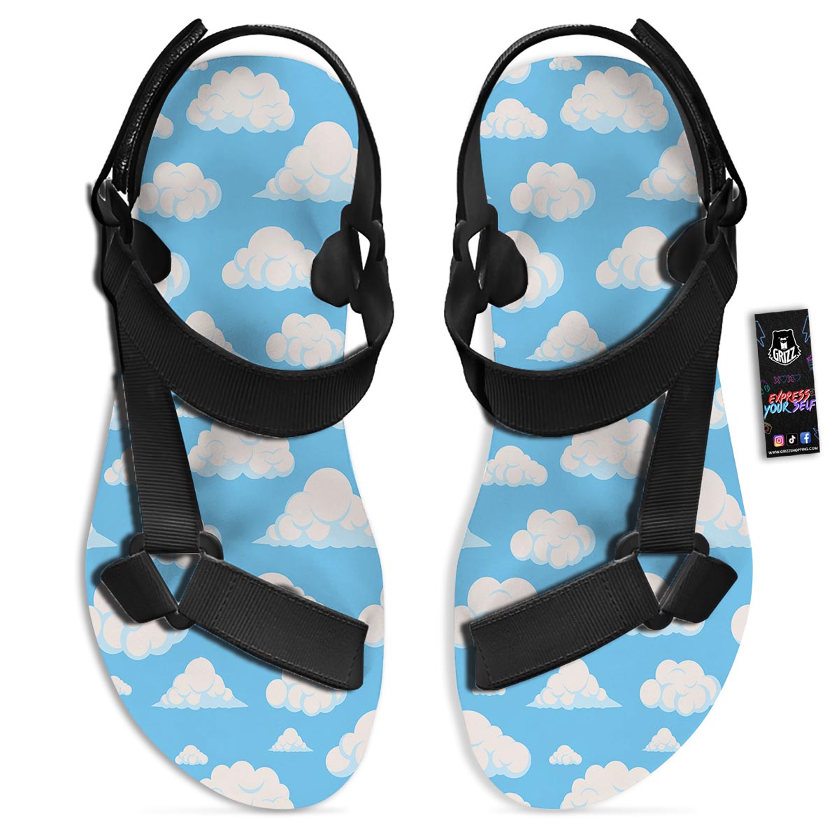 Cloud Sky Print Pattern Black Open Toe Sandals-grizzshop