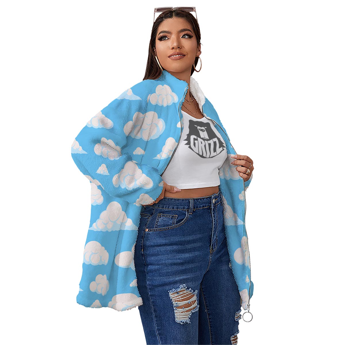 Cloud Sky Print Pattern Women's Sherpa Jacket-grizzshop