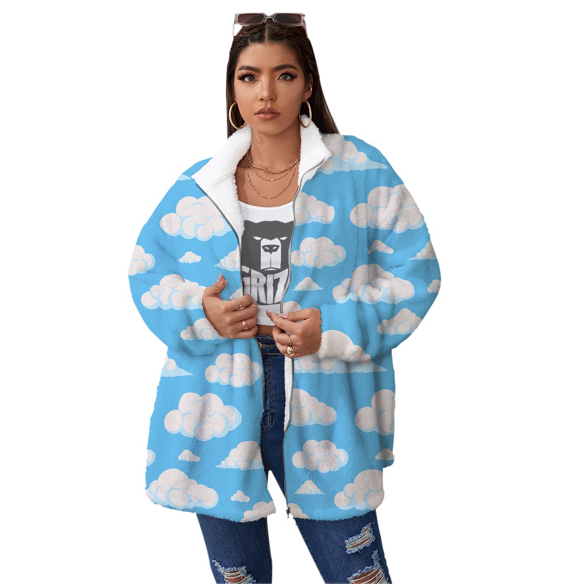 Cloud Sky Print Pattern Women's Sherpa Jacket-grizzshop