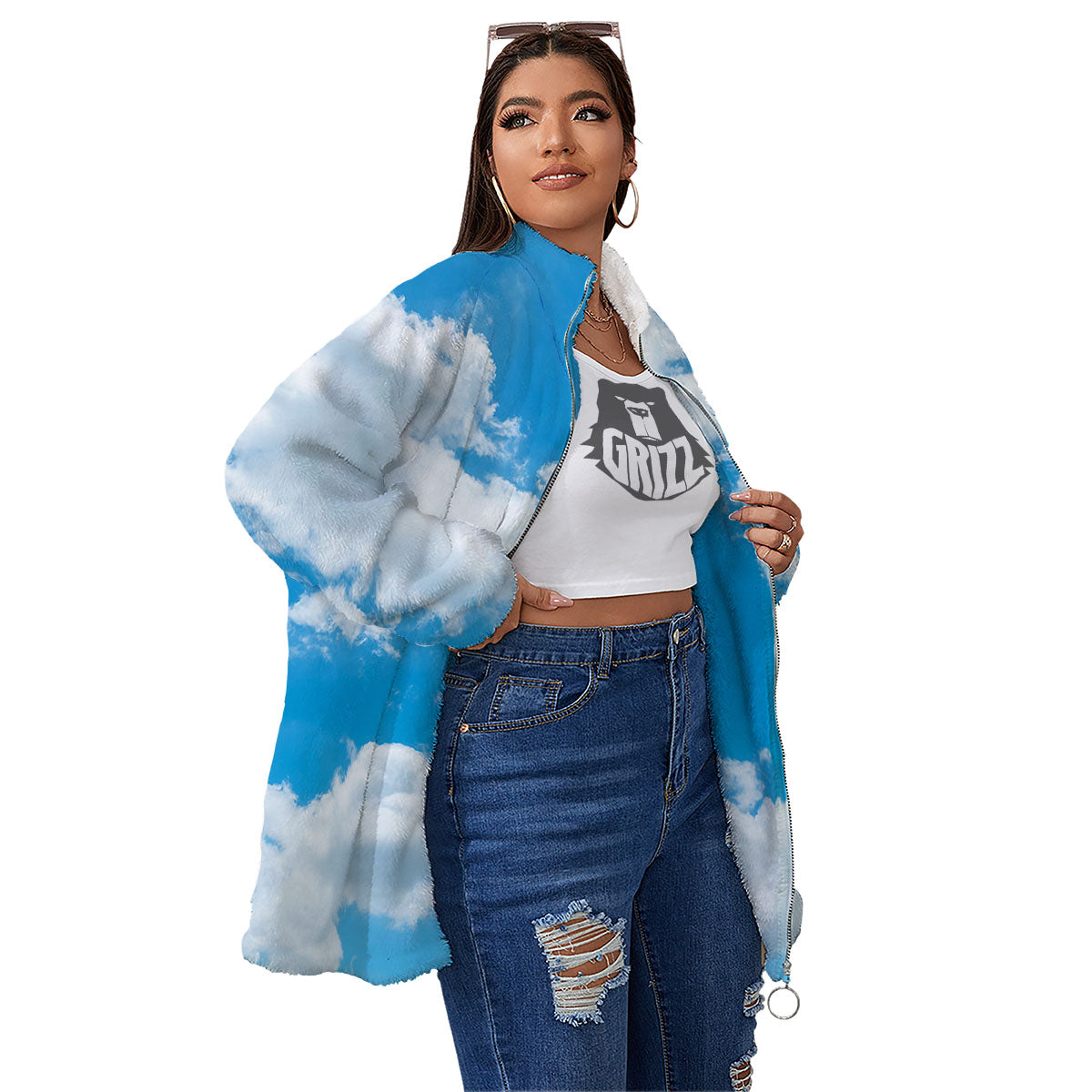 Cloud Sky Print Women's Sherpa Jacket-grizzshop