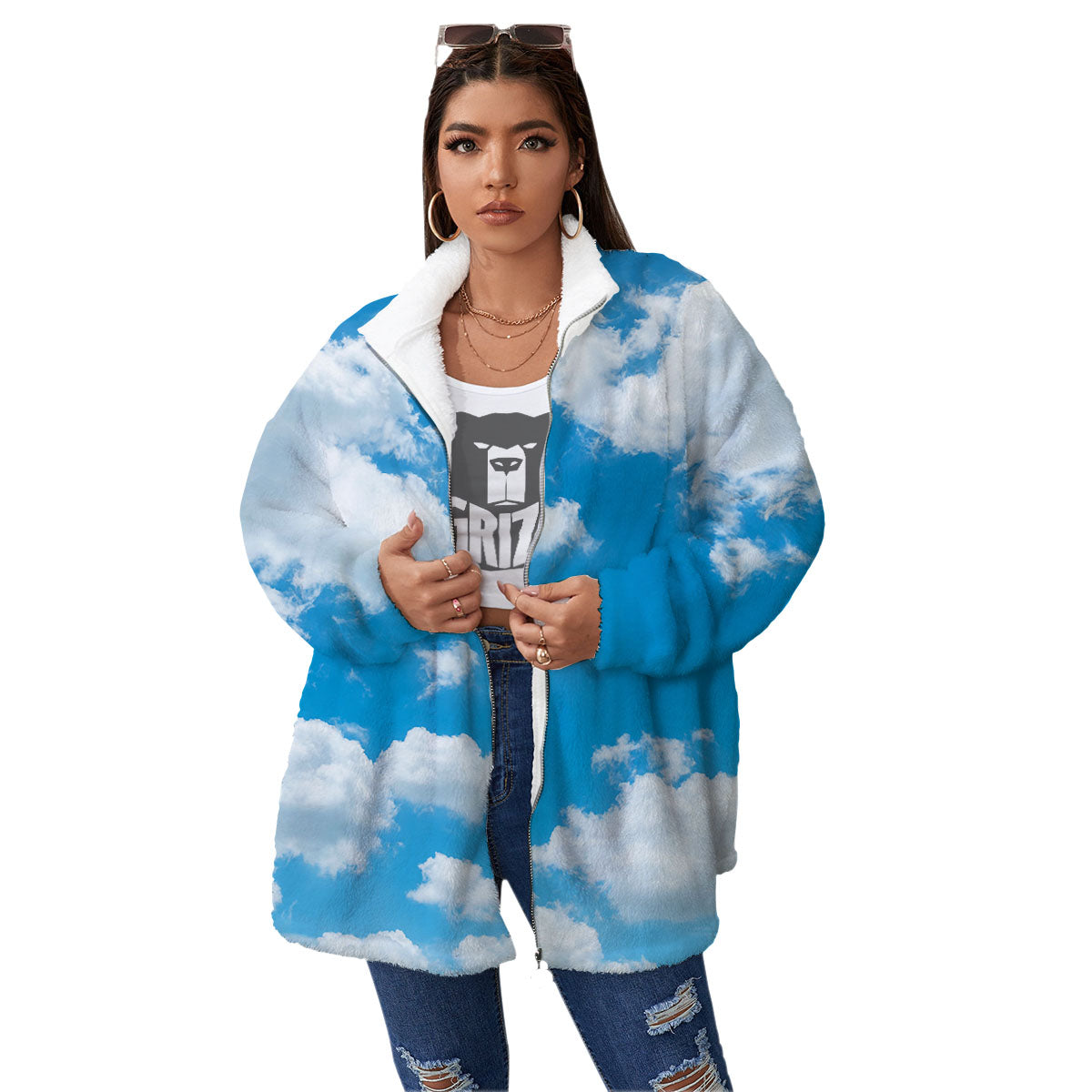 Cloud Sky Print Women's Sherpa Jacket-grizzshop
