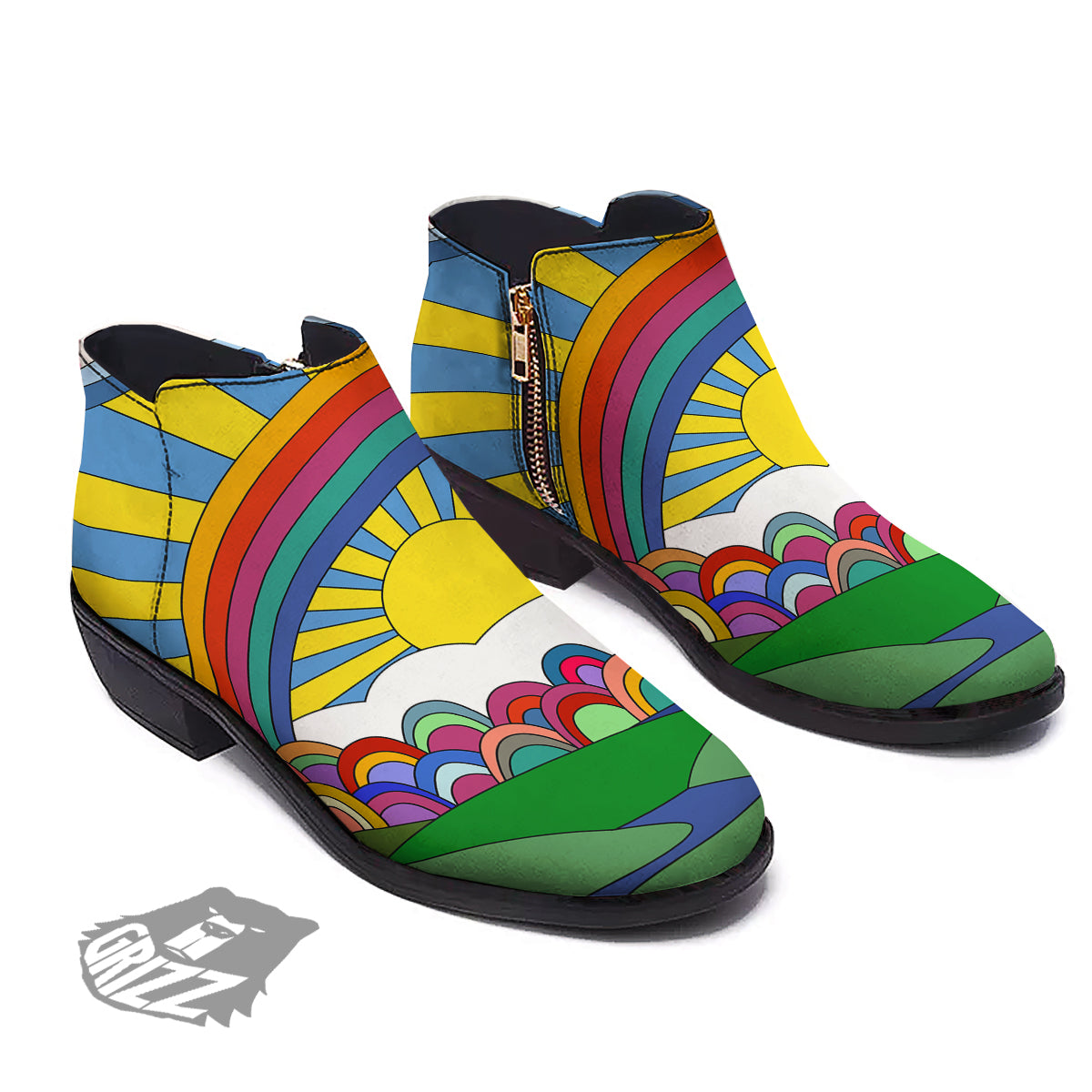 Clouds Rainbows Hippie Art Print Ankle Boots-grizzshop