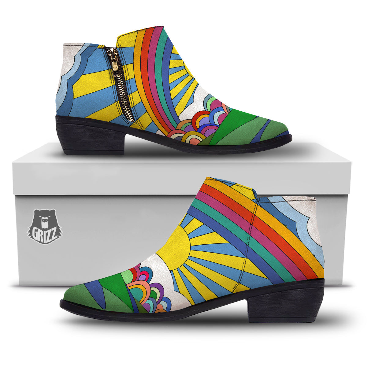 Clouds Rainbows Hippie Art Print Ankle Boots-grizzshop