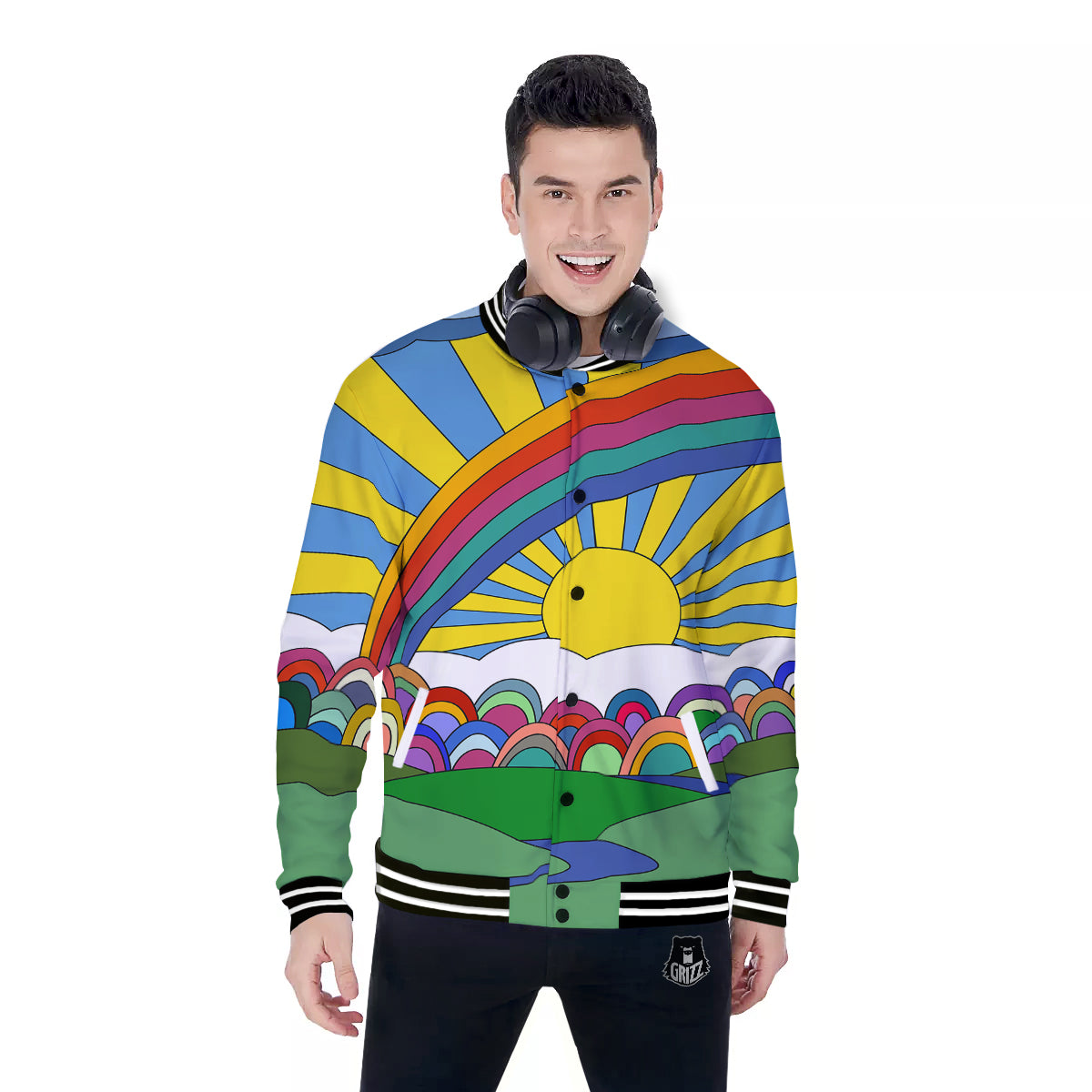 Clouds Rainbows Hippie Art Print Baseball Jacket-grizzshop