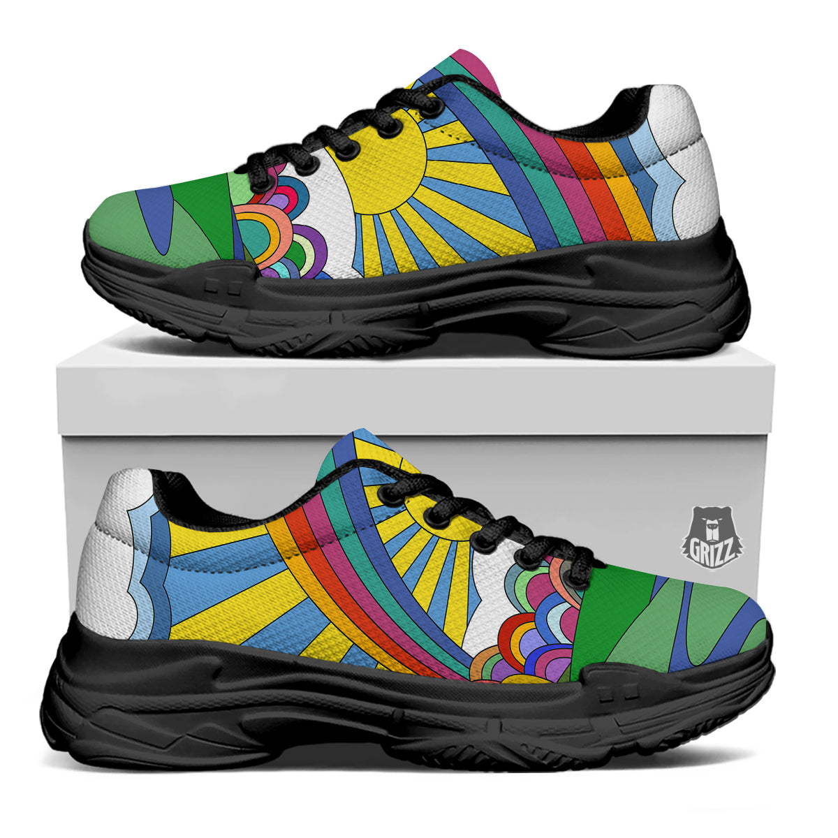 Clouds Rainbows Hippie Art Print Black Chunky Shoes-grizzshop