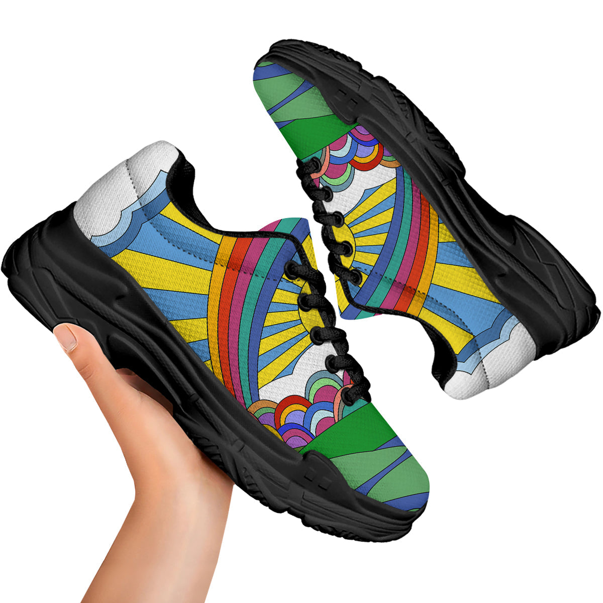 Clouds Rainbows Hippie Art Print Black Chunky Shoes-grizzshop