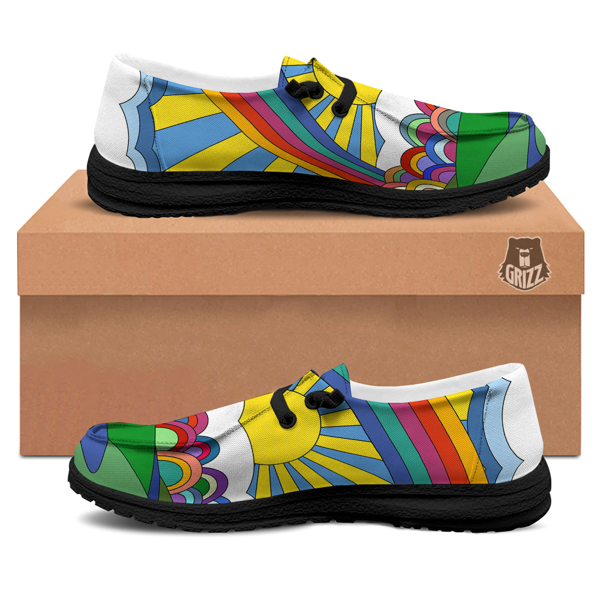 Clouds Rainbows Hippie Art Print Black Loafers-grizzshop