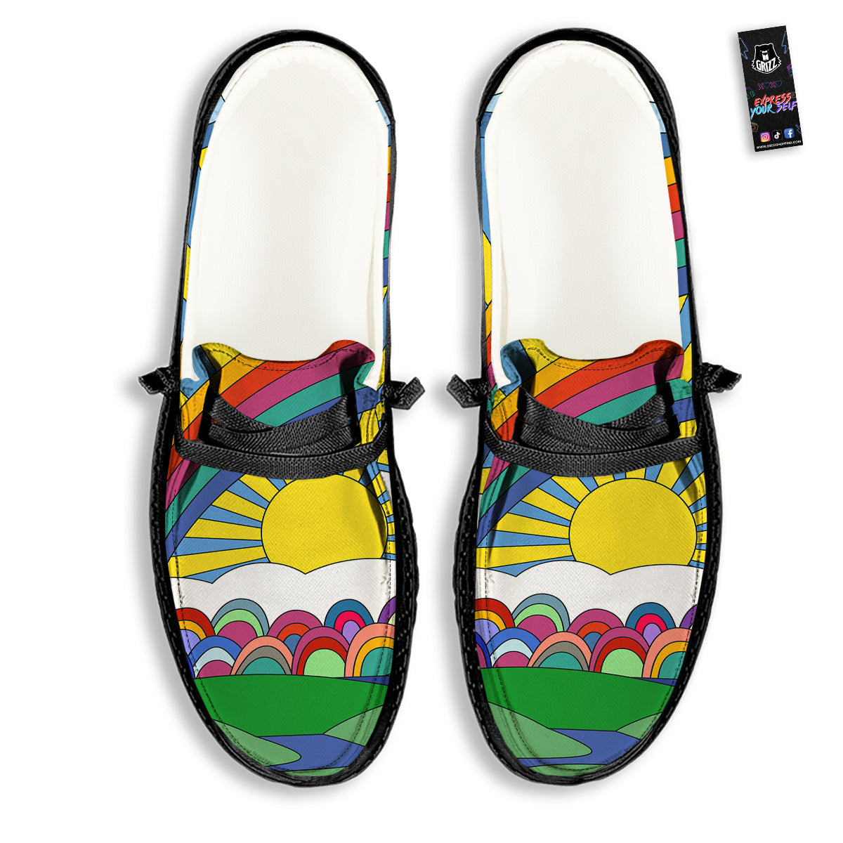 Clouds Rainbows Hippie Art Print Black Loafers-grizzshop