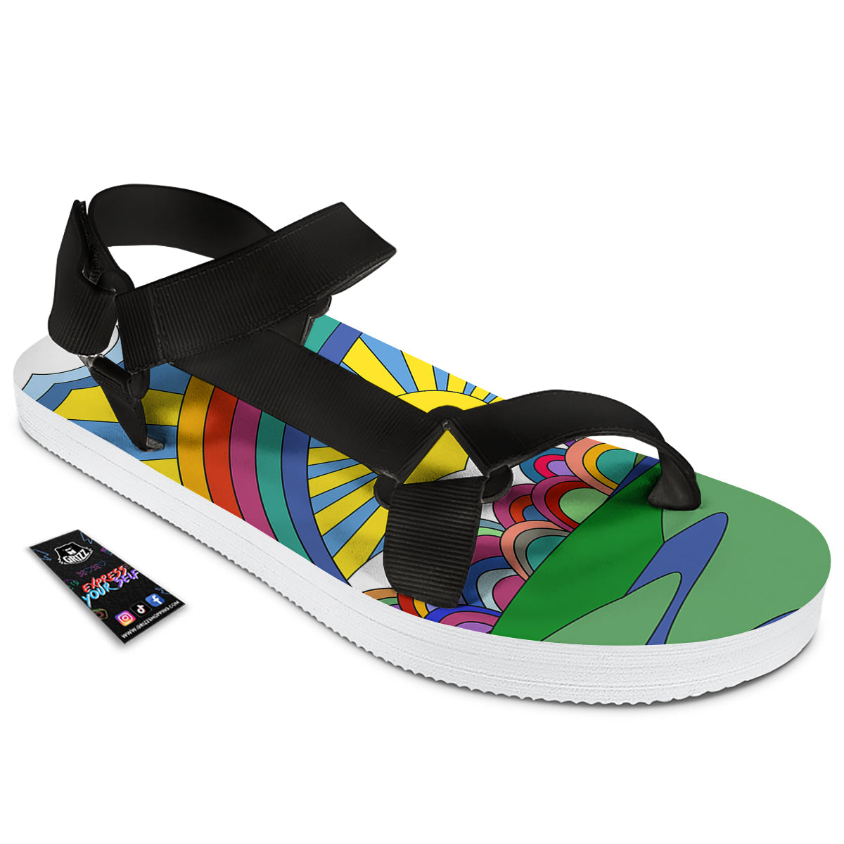 Clouds Rainbows Hippie Art Print Black Open Toe Sandals-grizzshop