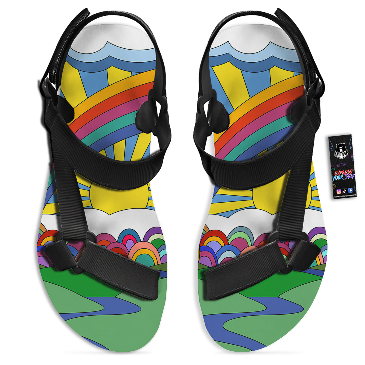 Clouds Rainbows Hippie Art Print Black Open Toe Sandals-grizzshop