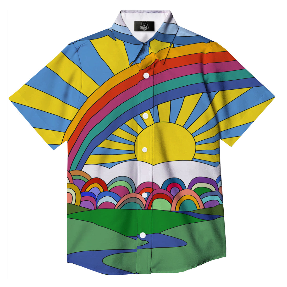 Clouds Rainbows Hippie Art Print Button Up Shirt-grizzshop