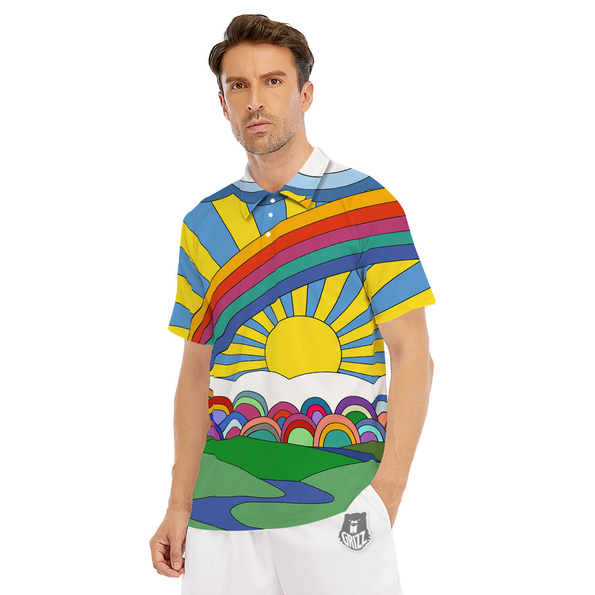 Clouds Rainbows Hippie Art Print Men's Golf Shirts-grizzshop