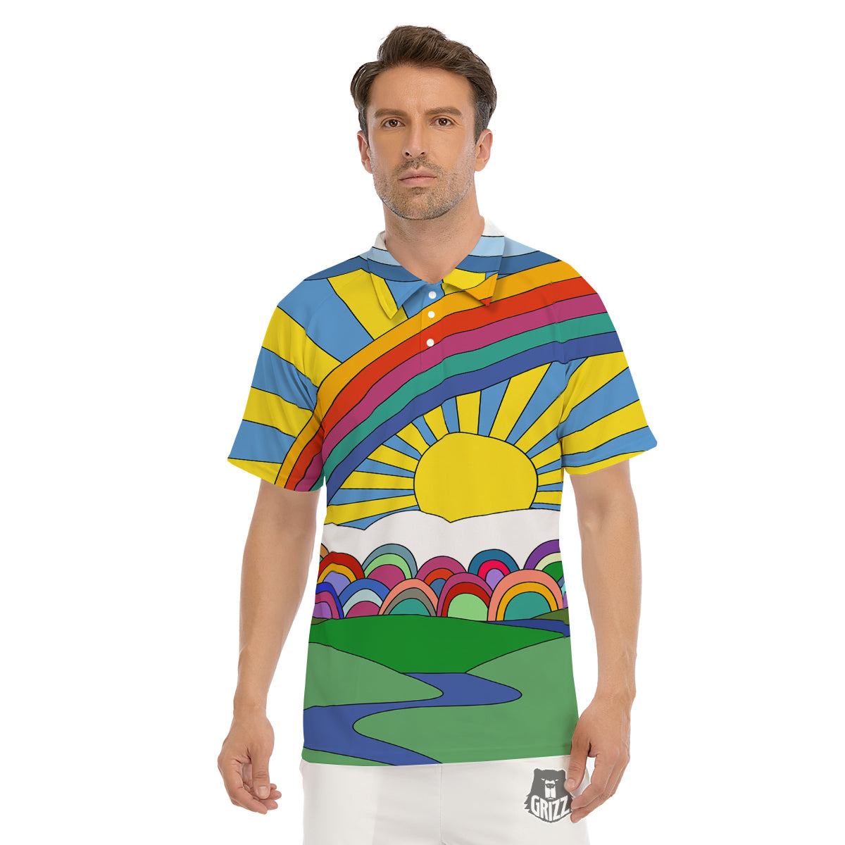 Clouds Rainbows Hippie Art Print Men's Golf Shirts-grizzshop