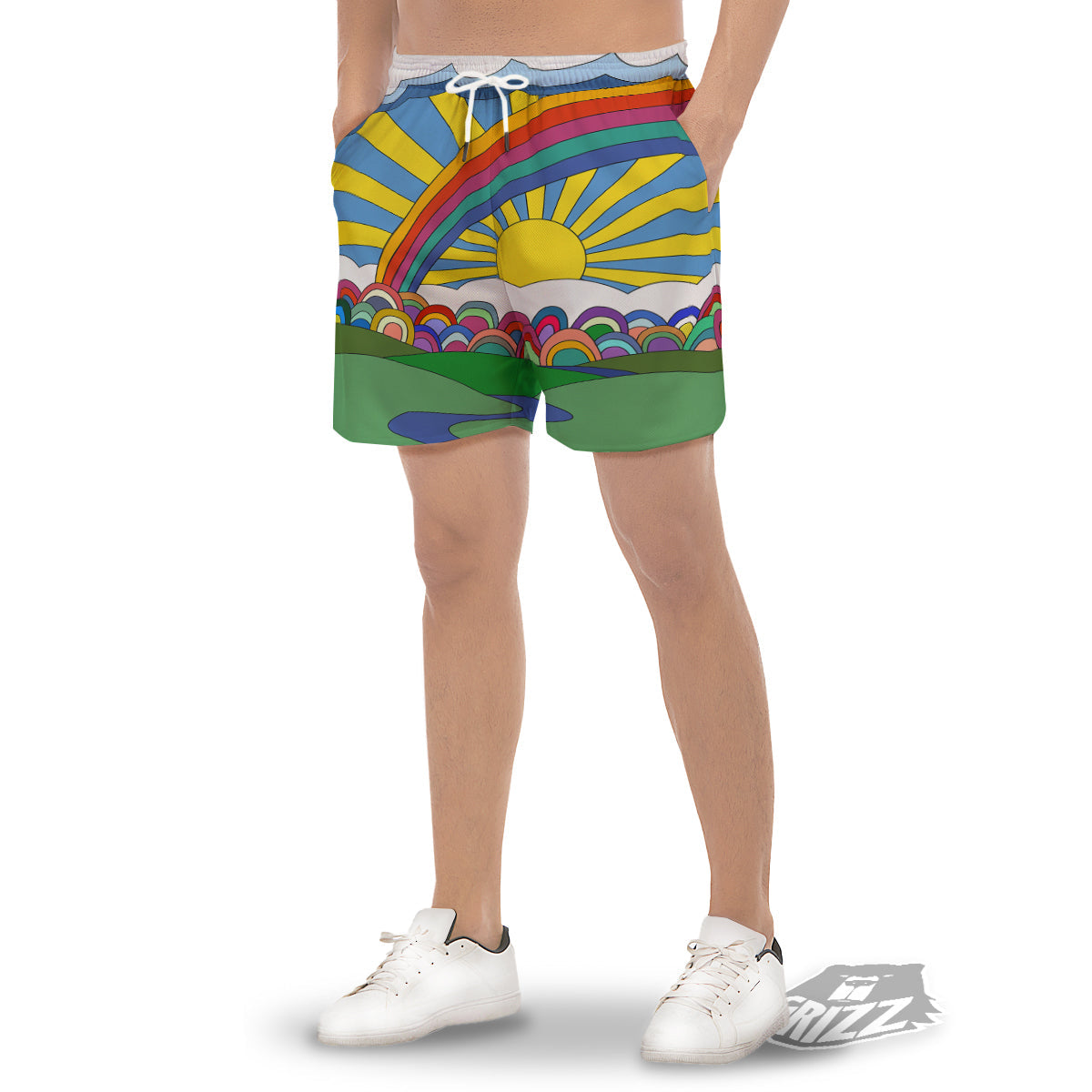 Clouds Rainbows Hippie Art Print Men's Gym Shorts-grizzshop