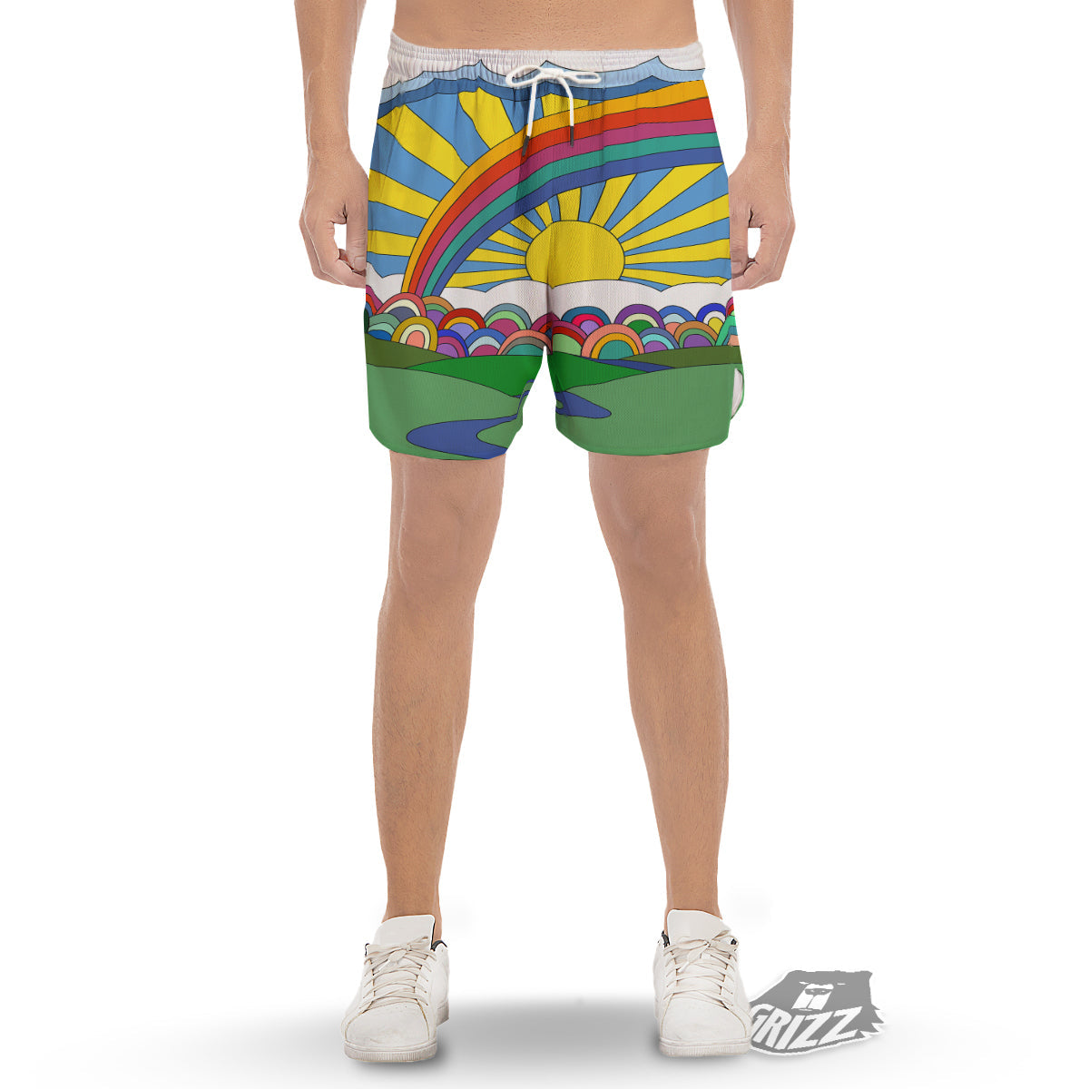 Clouds Rainbows Hippie Art Print Men's Gym Shorts-grizzshop