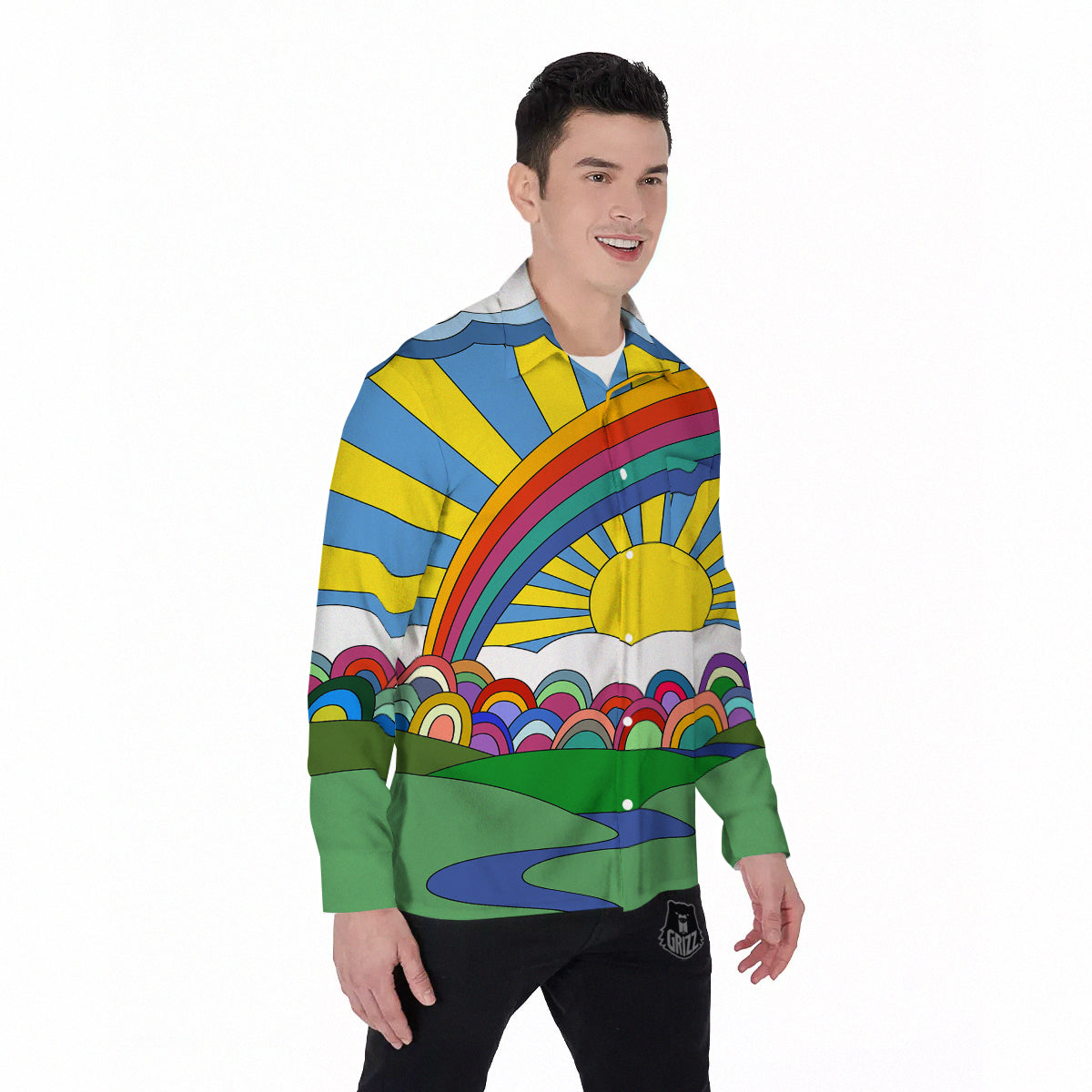 Clouds Rainbows Hippie Art Print Men's Long Sleeve Shirts-grizzshop