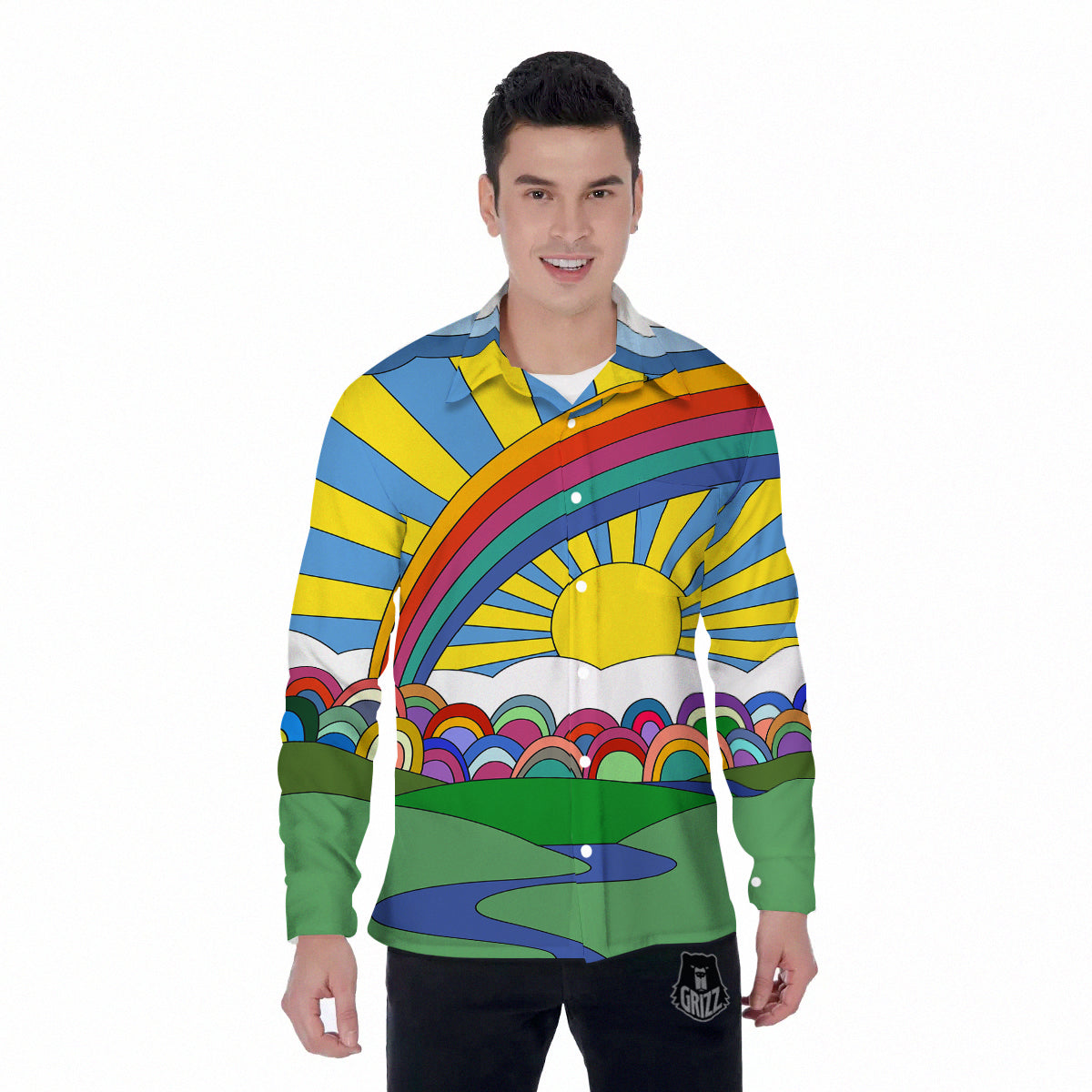 Clouds Rainbows Hippie Art Print Men's Long Sleeve Shirts-grizzshop
