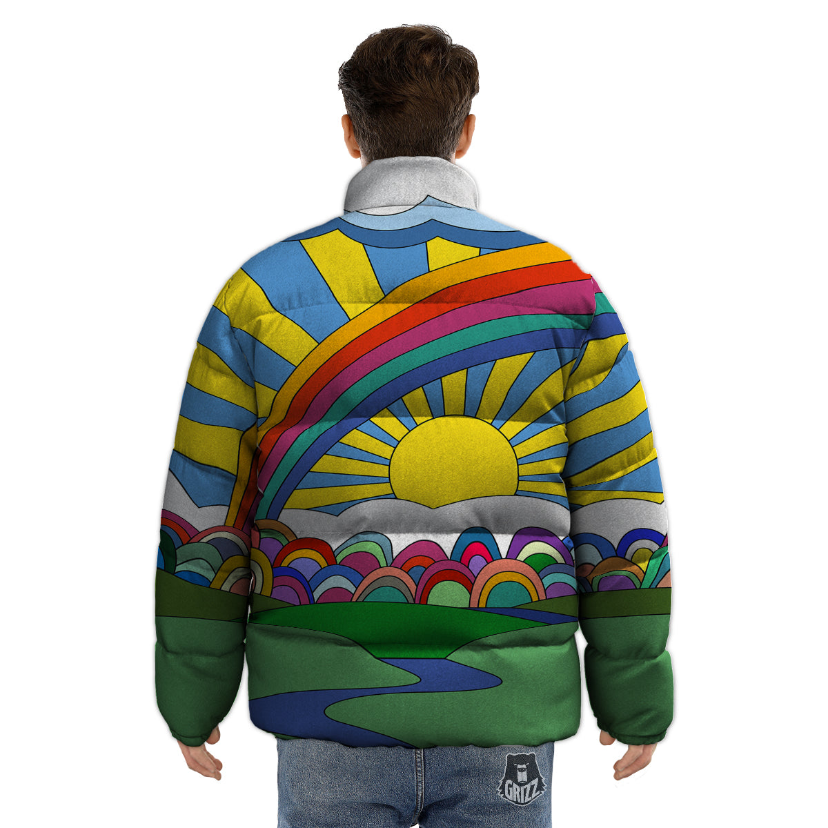 Clouds Rainbows Hippie Art Print Puffer Jacket-grizzshop