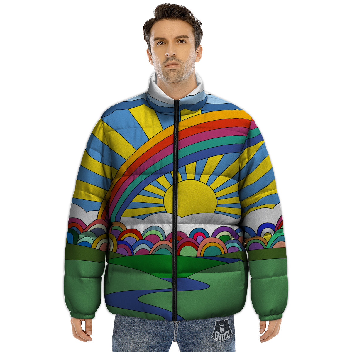 Clouds Rainbows Hippie Art Print Puffer Jacket-grizzshop