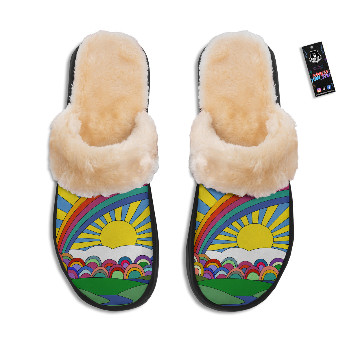 Clouds Rainbows Hippie Art Print Slippers-grizzshop