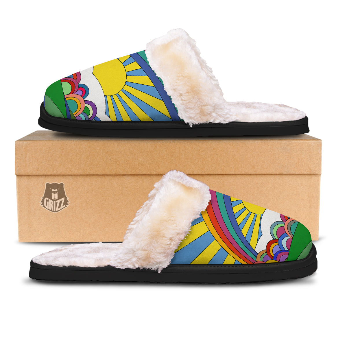 Clouds Rainbows Hippie Art Print Slippers-grizzshop