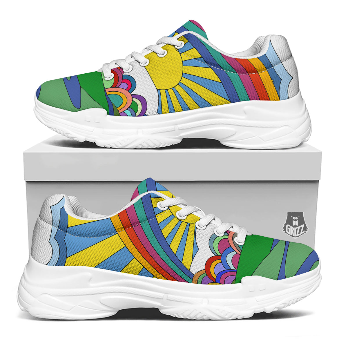 Clouds Rainbows Hippie Art Print White Chunky Shoes-grizzshop