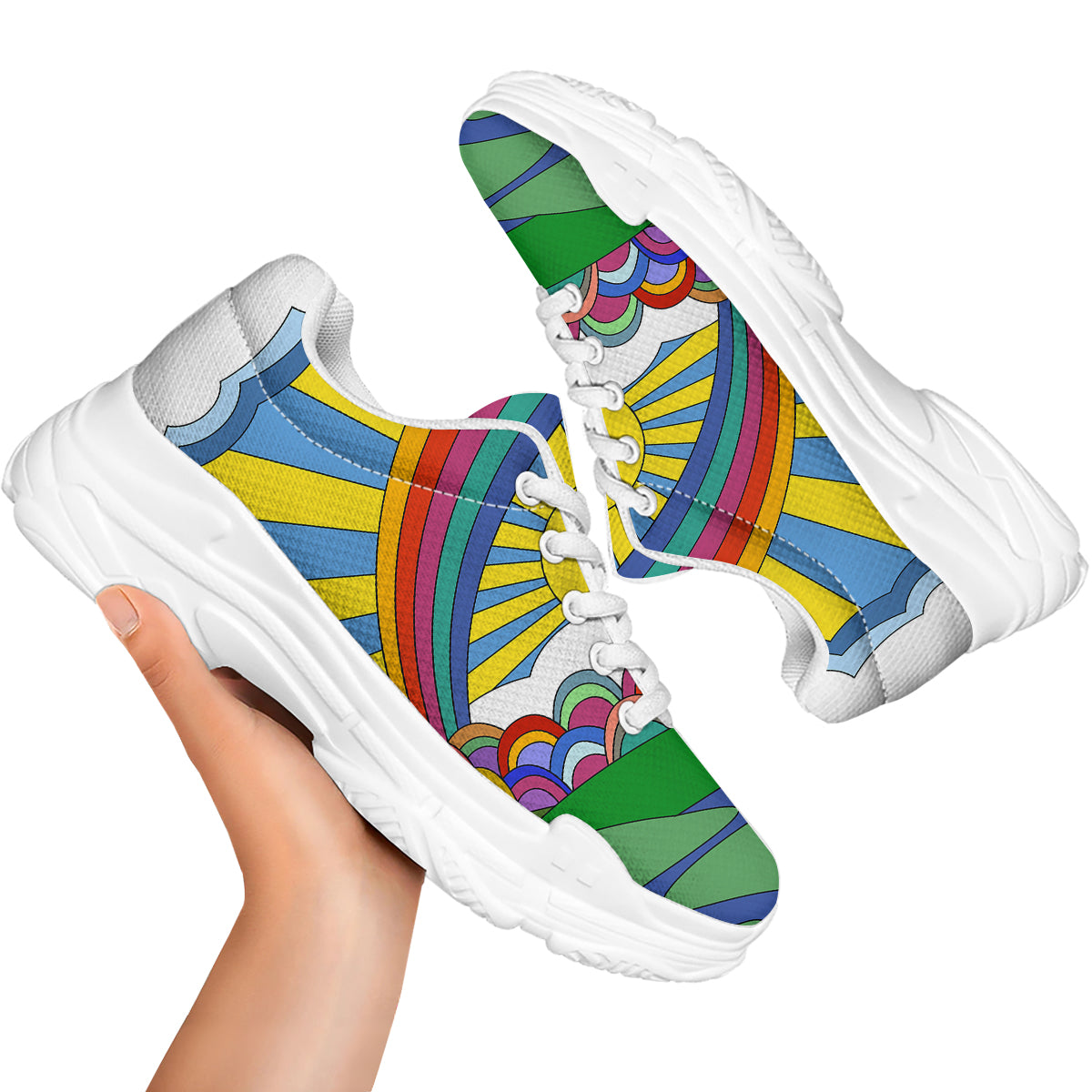 Clouds Rainbows Hippie Art Print White Chunky Shoes-grizzshop
