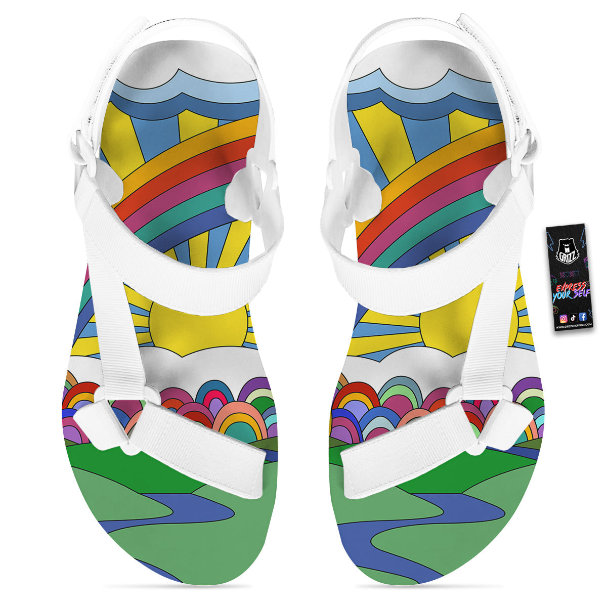 Clouds Rainbows Hippie Art Print White Open Toe Sandals-grizzshop