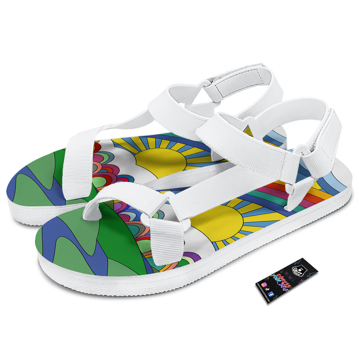 Clouds Rainbows Hippie Art Print White Open Toe Sandals-grizzshop