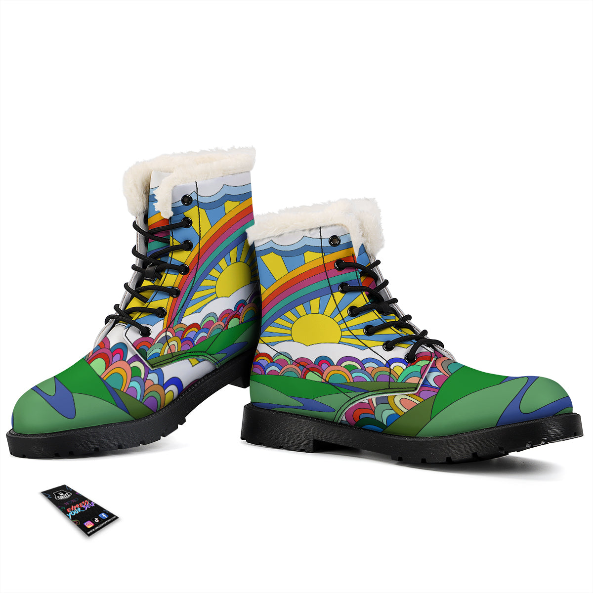 Clouds Rainbows Hippie Art Print Winter Boots-grizzshop