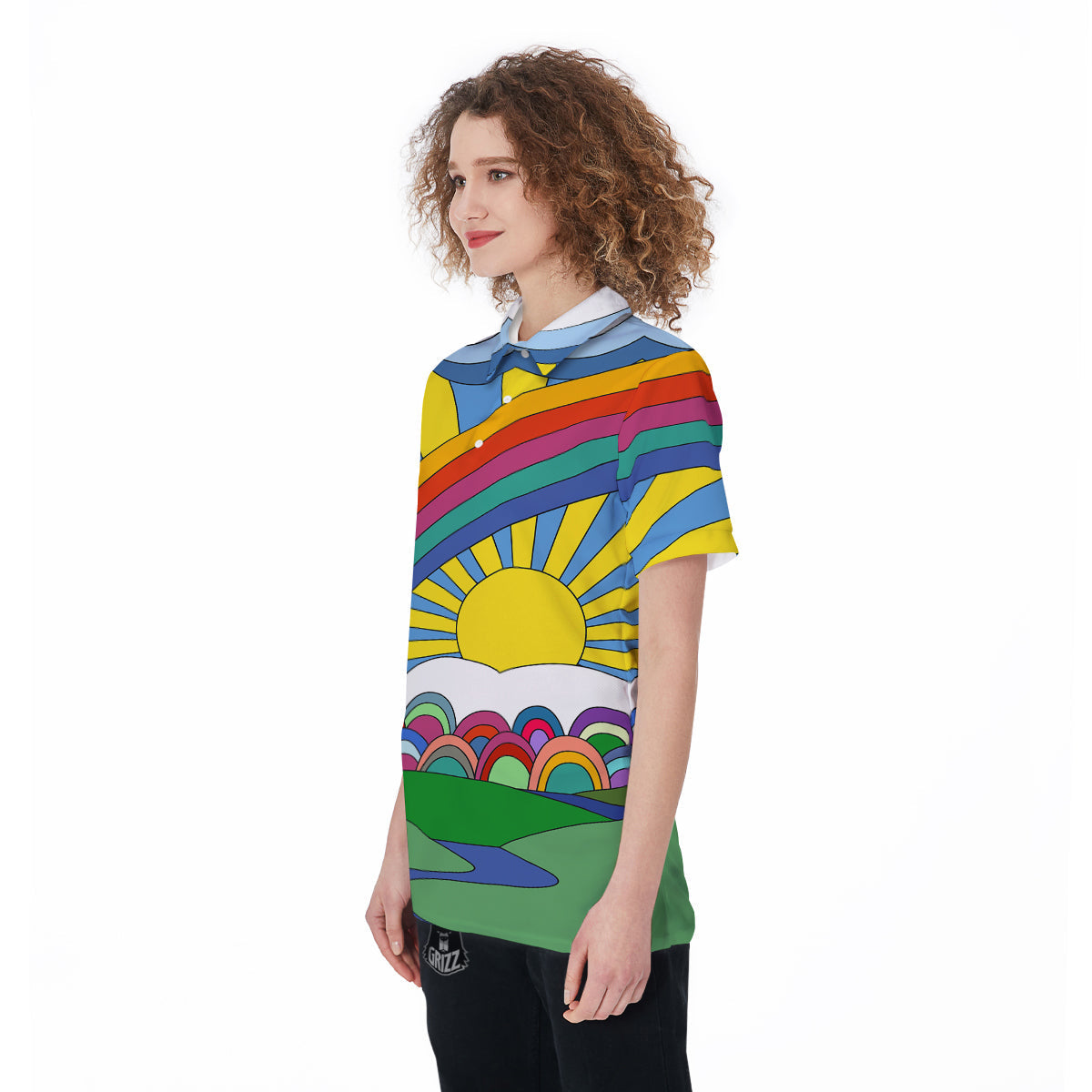 Clouds Rainbows Hippie Art Print Women's Golf Shirts-grizzshop
