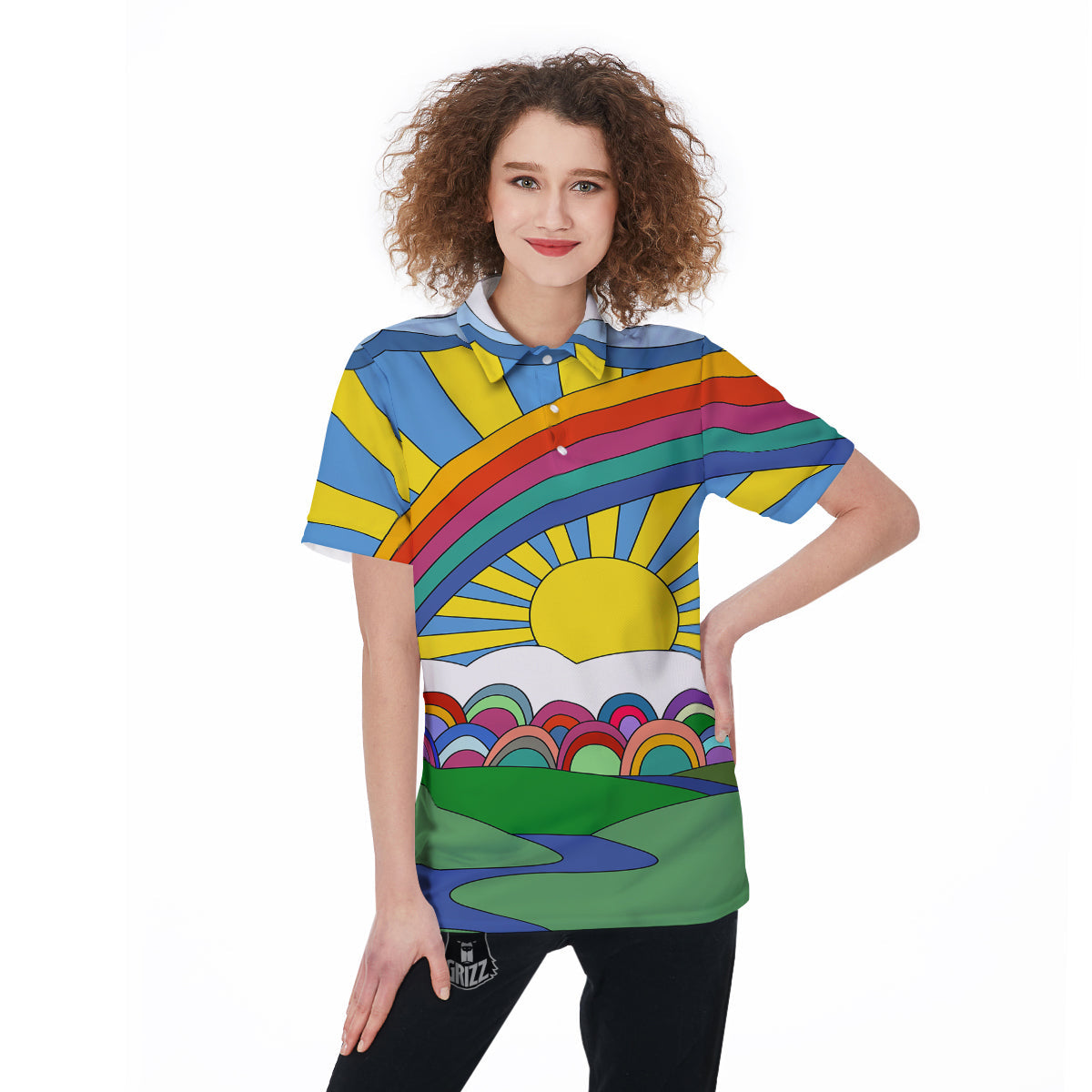 Clouds Rainbows Hippie Art Print Women's Golf Shirts-grizzshop