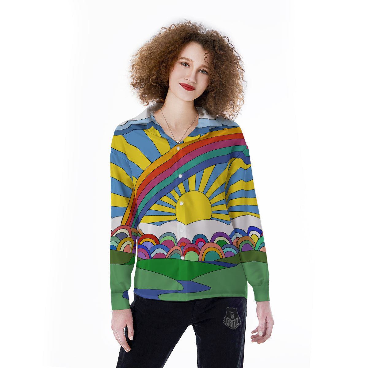 Clouds Rainbows Hippie Art Print Women's Long Sleeve Shirts-grizzshop