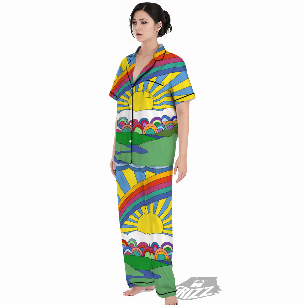 Clouds Rainbows Hippie Art Print Women's Pajamas Set-grizzshop