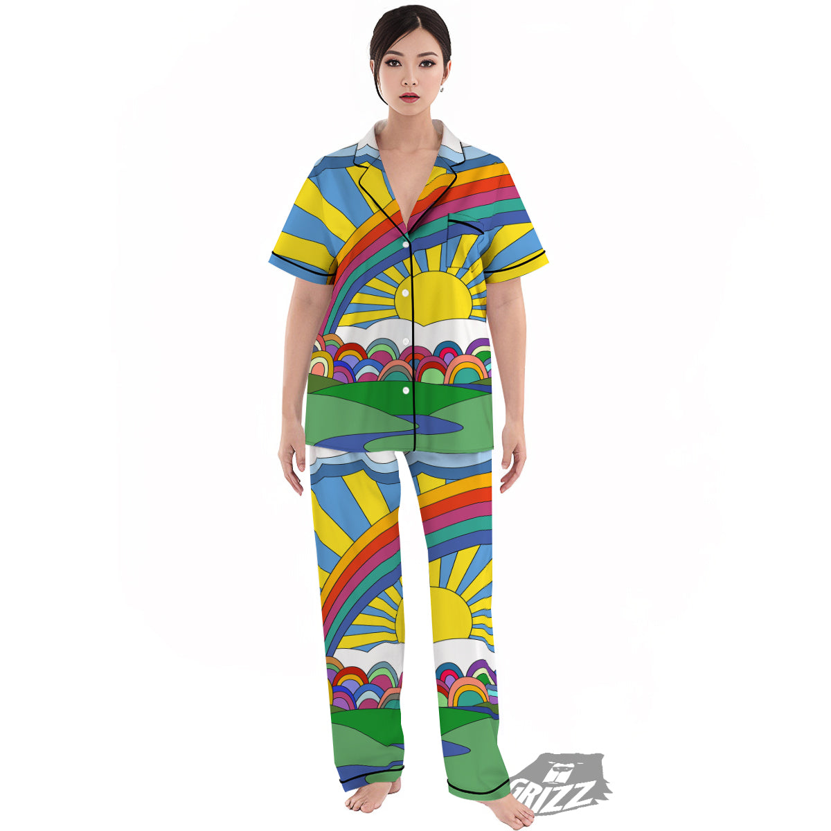 Clouds Rainbows Hippie Art Print Women's Pajamas Set-grizzshop