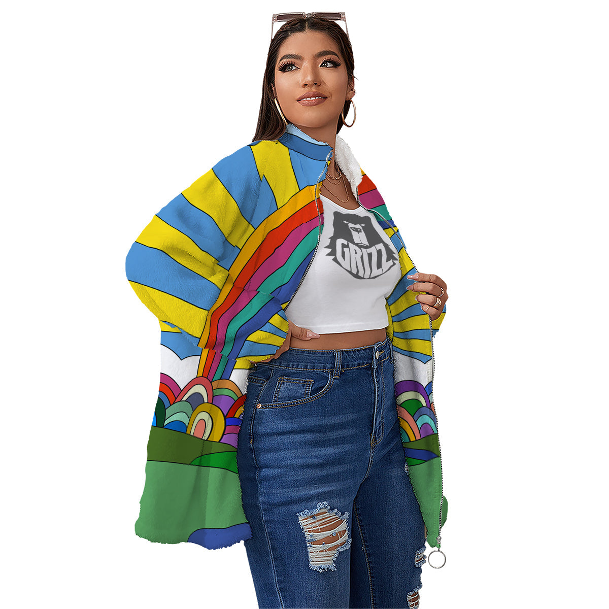 Clouds Rainbows Hippie Art Print Women's Sherpa Jacket-grizzshop