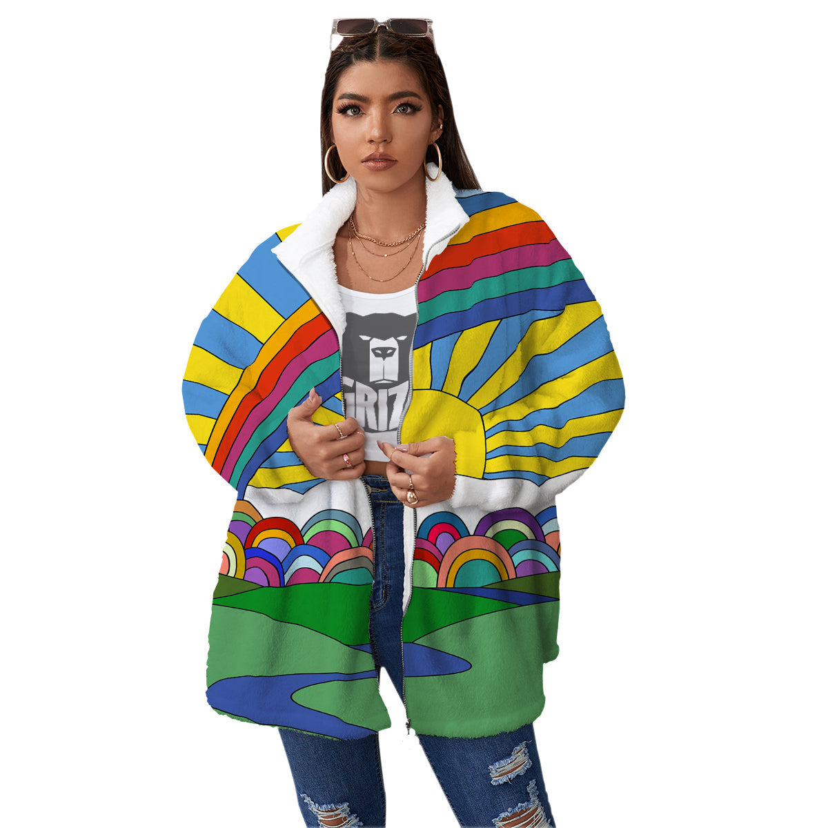 Clouds Rainbows Hippie Art Print Women's Sherpa Jacket-grizzshop