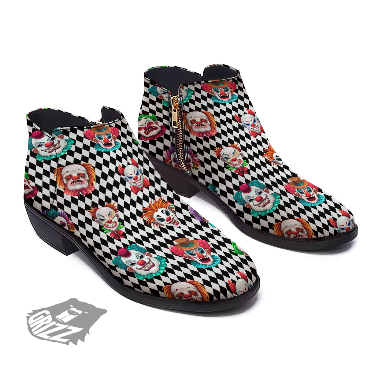 Clown Faces And Harlequin Black Print Pattern Ankle Boots-grizzshop
