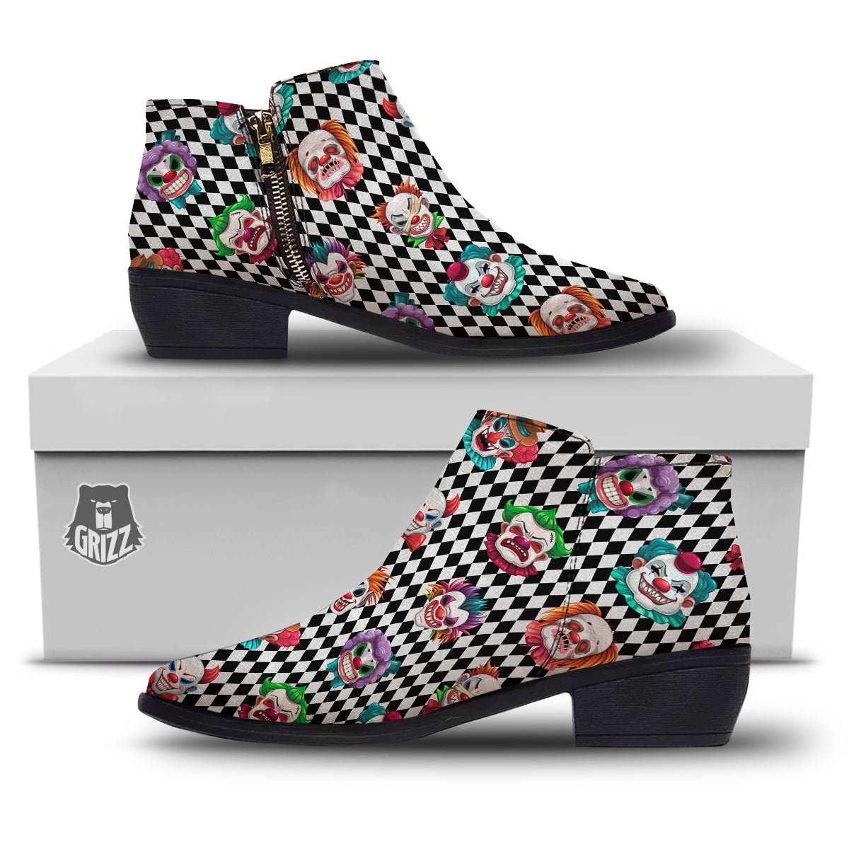 Clown Faces And Harlequin Black Print Pattern Ankle Boots-grizzshop