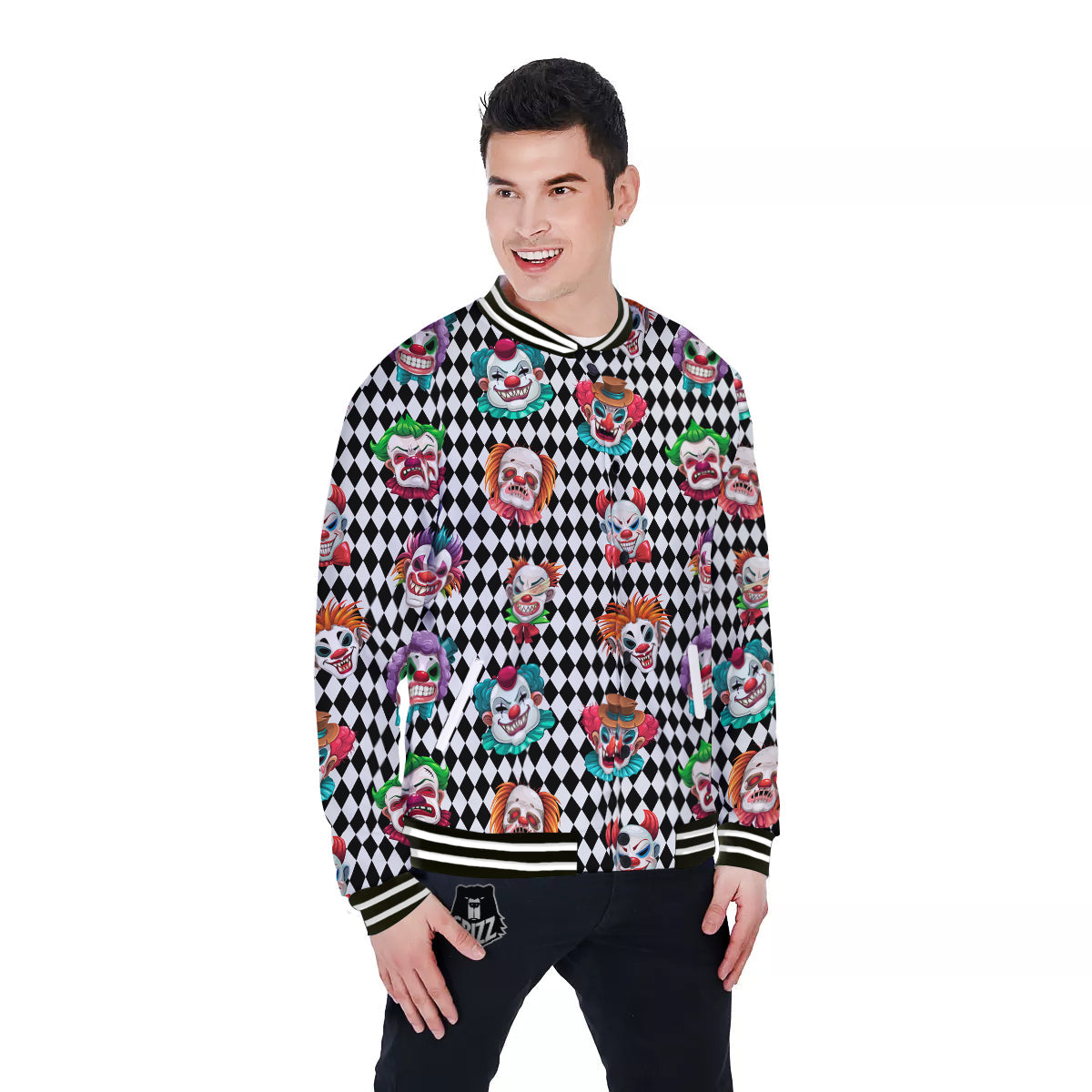 Clown Faces And Harlequin Black Print Pattern Baseball Jacket-grizzshop