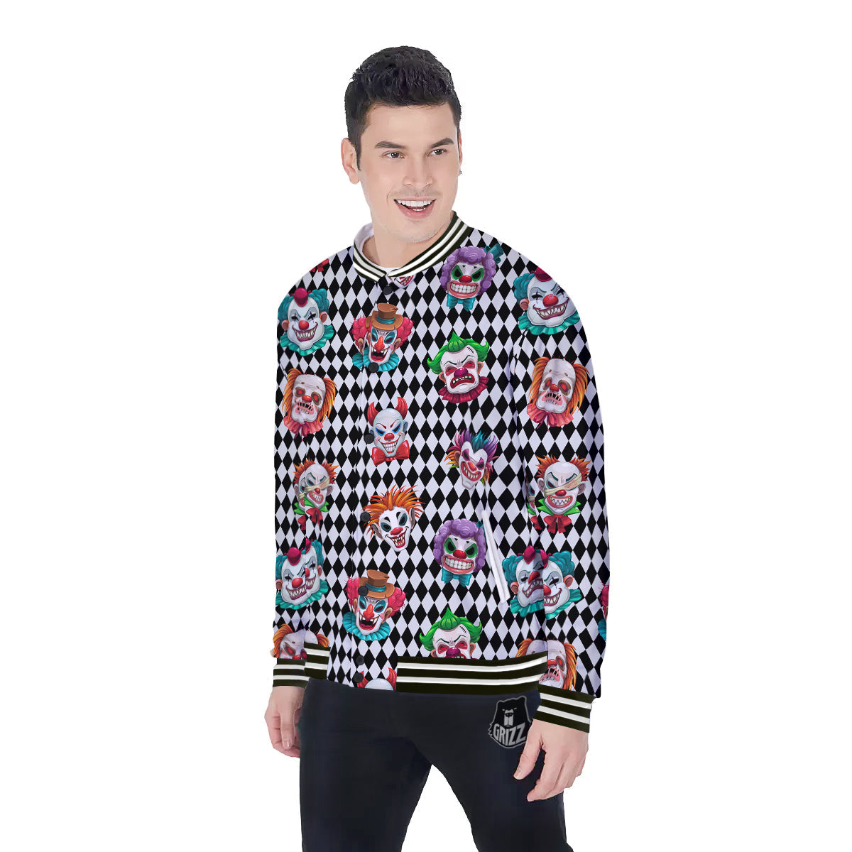 Clown Faces And Harlequin Black Print Pattern Baseball Jacket-grizzshop