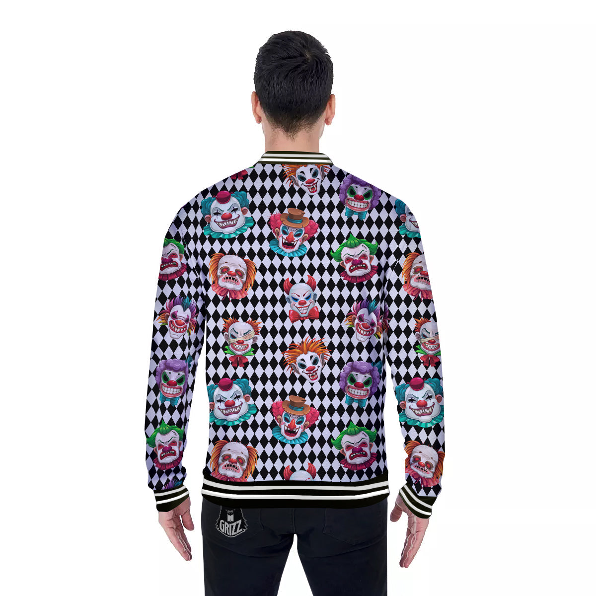 Clown Faces And Harlequin Black Print Pattern Baseball Jacket-grizzshop