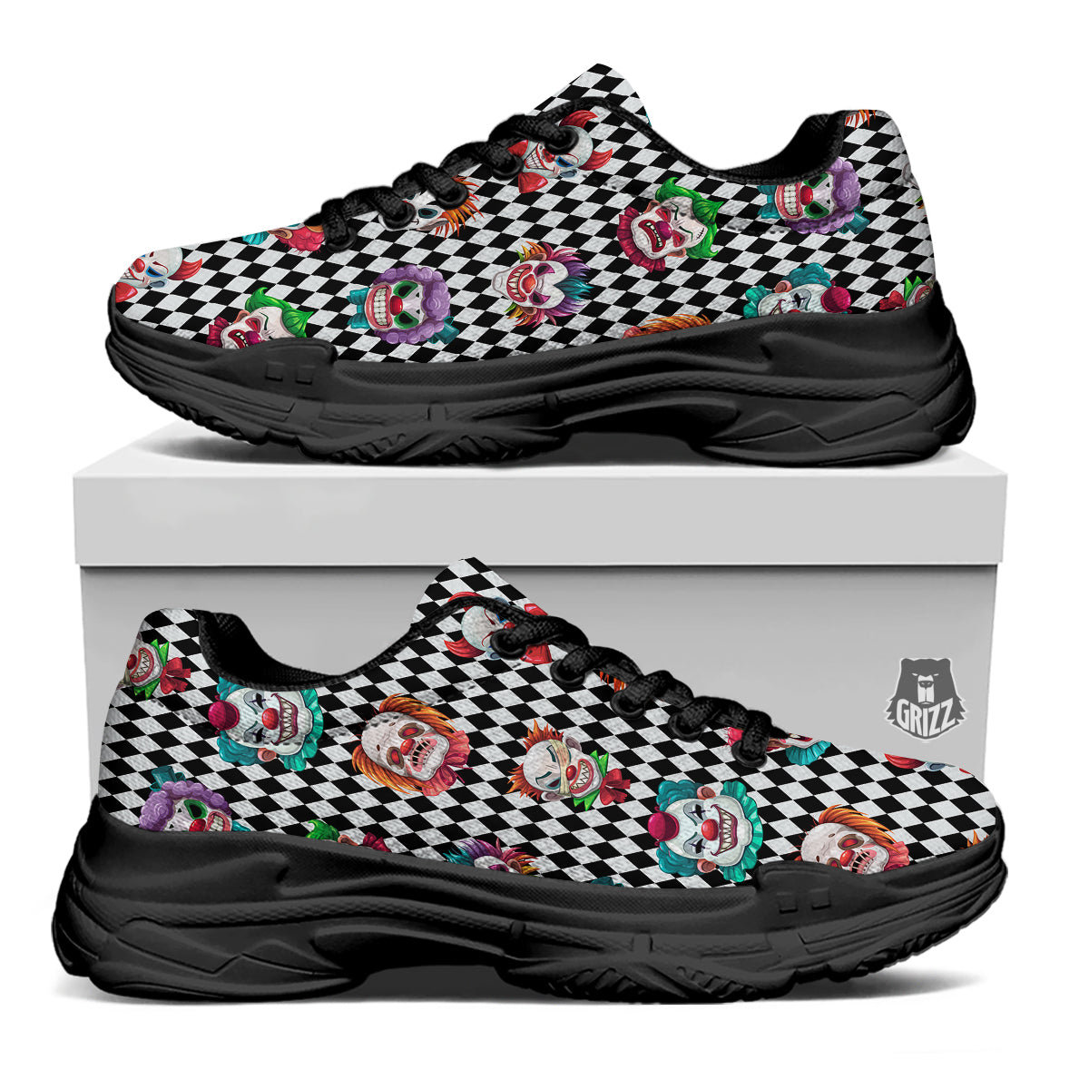 Clown Faces And Harlequin Black Print Pattern Black Chunky Shoes-grizzshop
