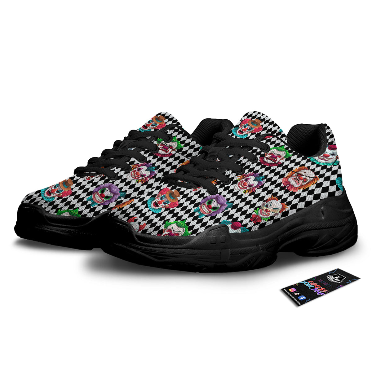 Clown Faces And Harlequin Black Print Pattern Black Chunky Shoes-grizzshop