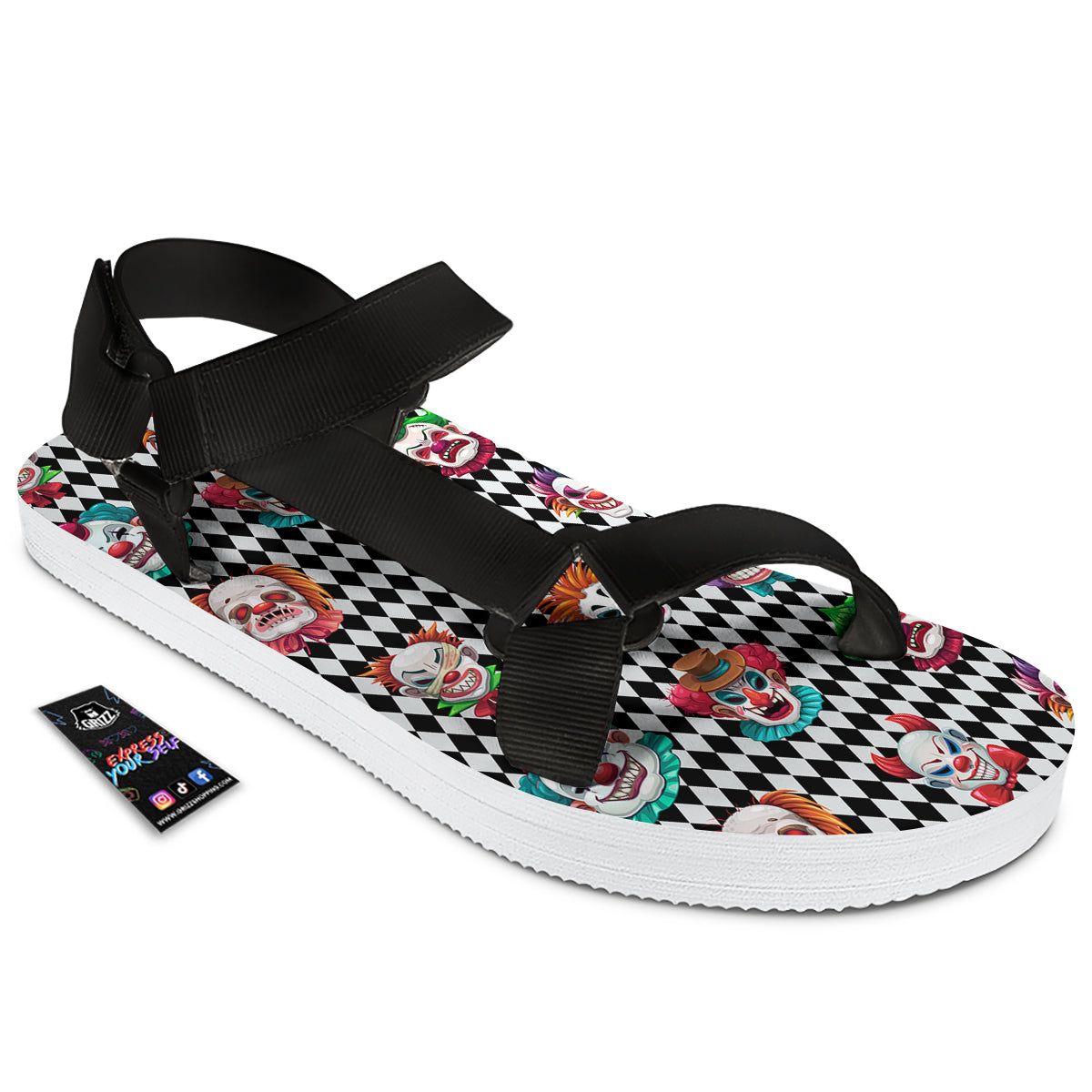 Clown Faces And Harlequin Black Print Pattern Black Open Toe Sandals-grizzshop