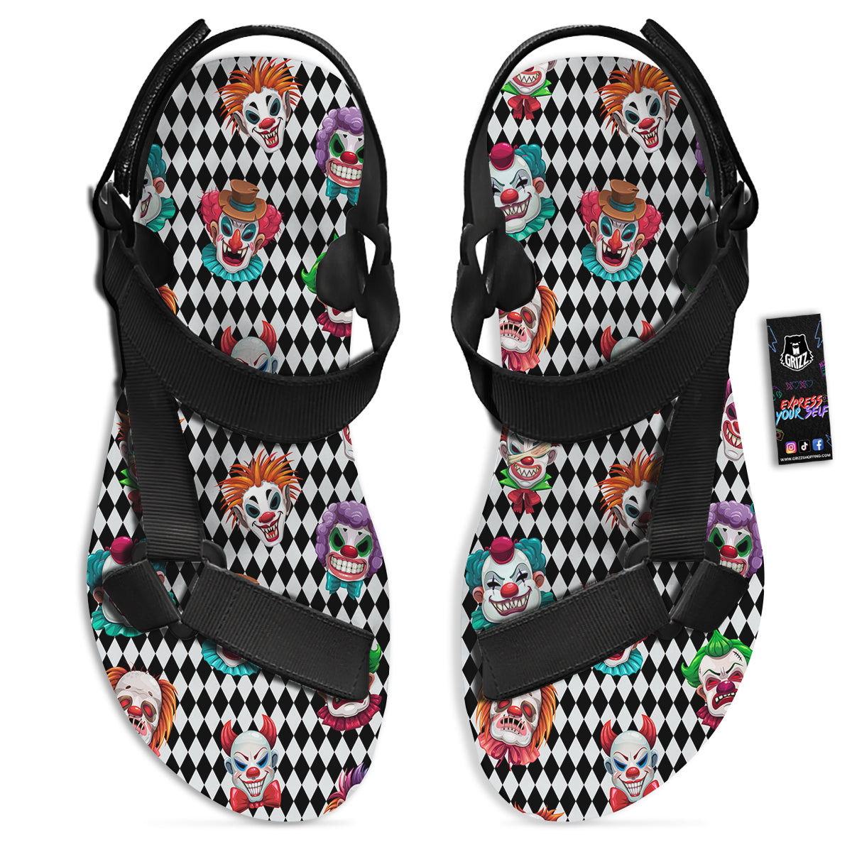 Clown Faces And Harlequin Black Print Pattern Black Open Toe Sandals-grizzshop