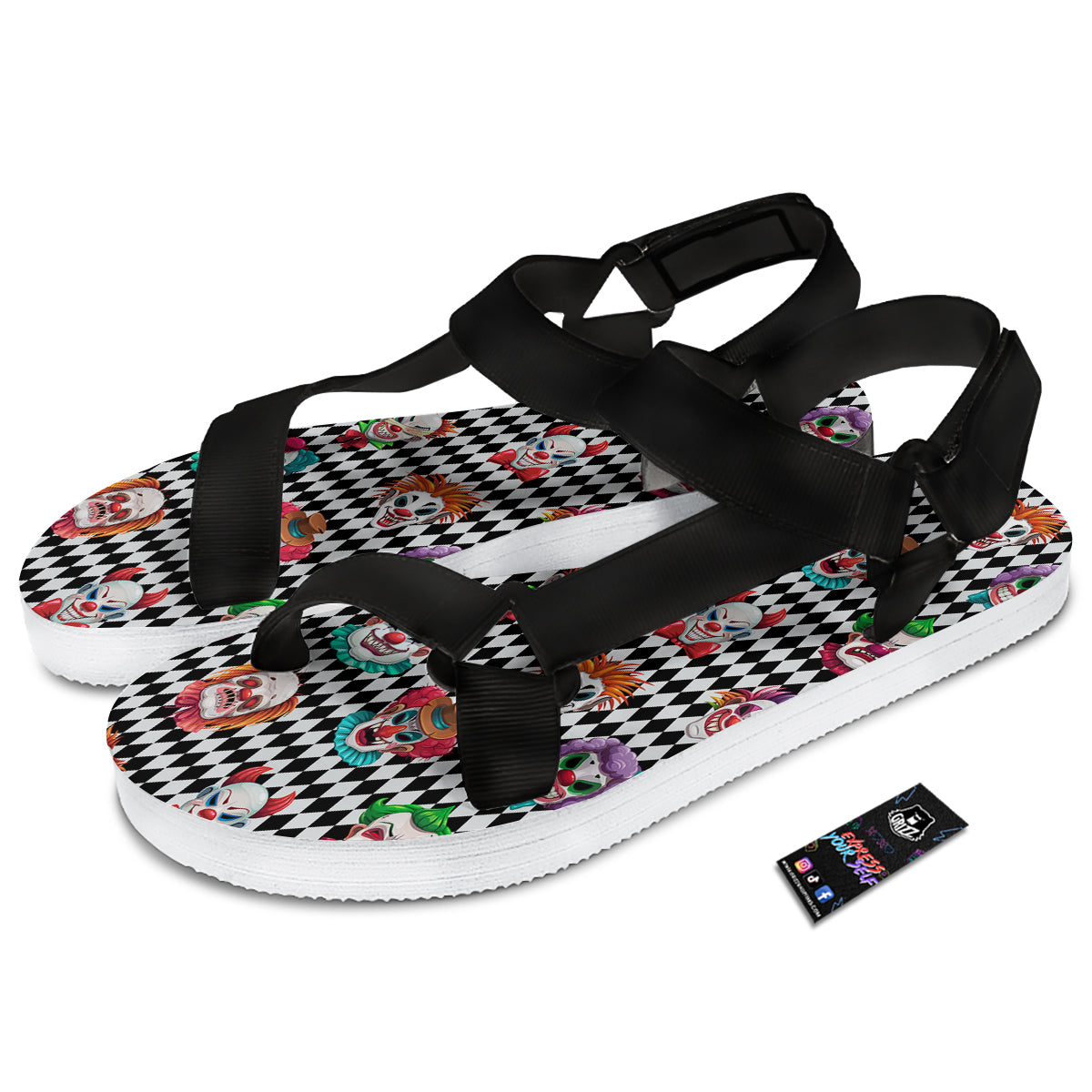 Clown Faces And Harlequin Black Print Pattern Black Open Toe Sandals-grizzshop
