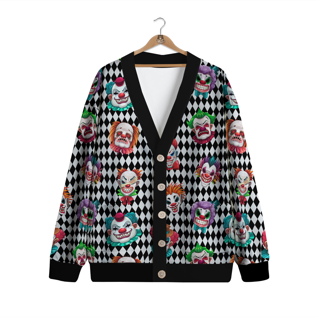 Clown Faces And Harlequin Black Print Pattern Cardigan-grizzshop